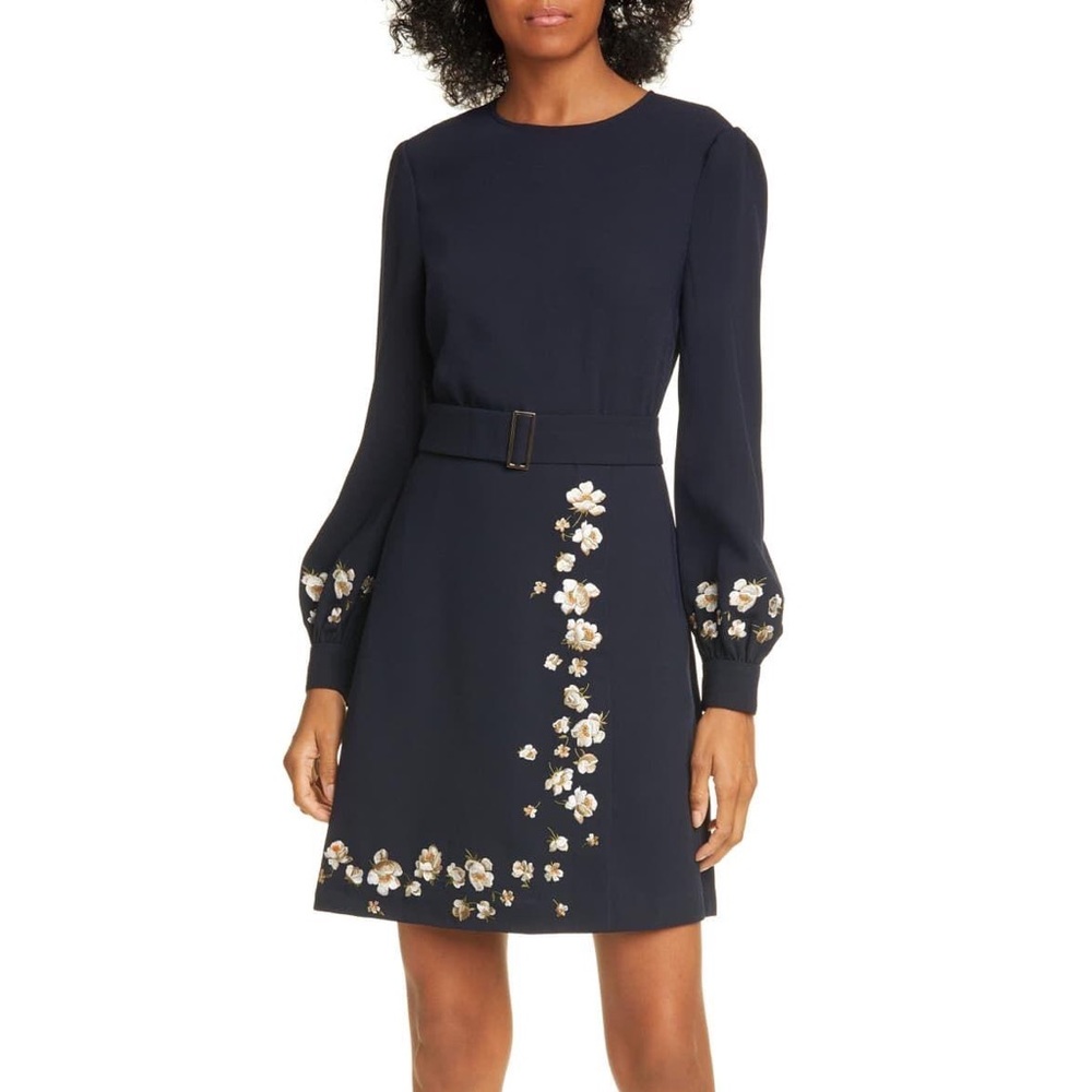 BEAUTIFUL💙🤍Ted Baker London Long puff Sleeve Dress embroidery Navy 6 14 XL XXL